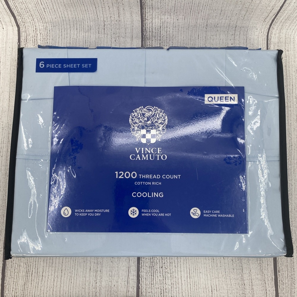 Vince Camuto Sheet Set QUEEN Powder Blue Cotton Rich 1000TC Moisture Wicking